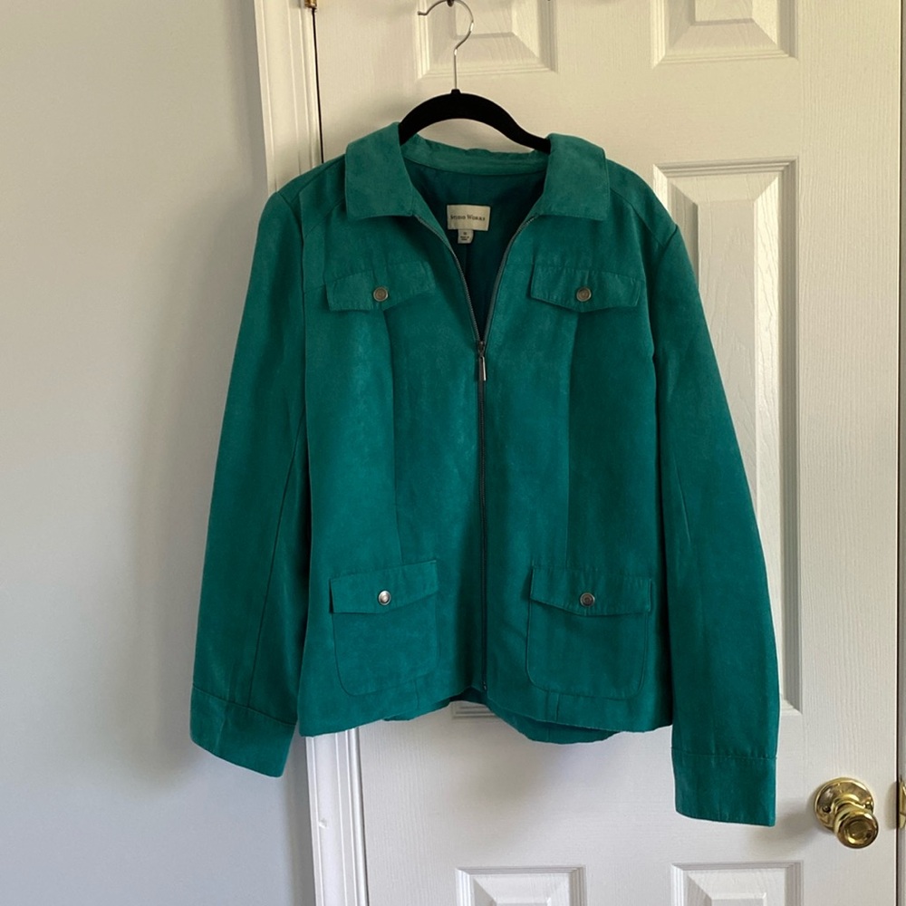 Studio Works Womens Size 10 Faux Suede Jacket Green Teal Fully Lined Lightweight
